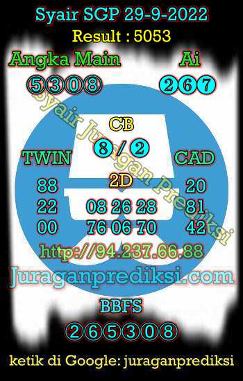 Prediksi SGP 29 September 2022 dari Forum Syair prediksi Sgp adalah Kode Syair Sgp hari ini yang diambil dari Forum Syair Singapore. Prediksi Singapore Kamis 29-9-2022 juga merupakan Syair Singapore Kamis 29 September 2022.